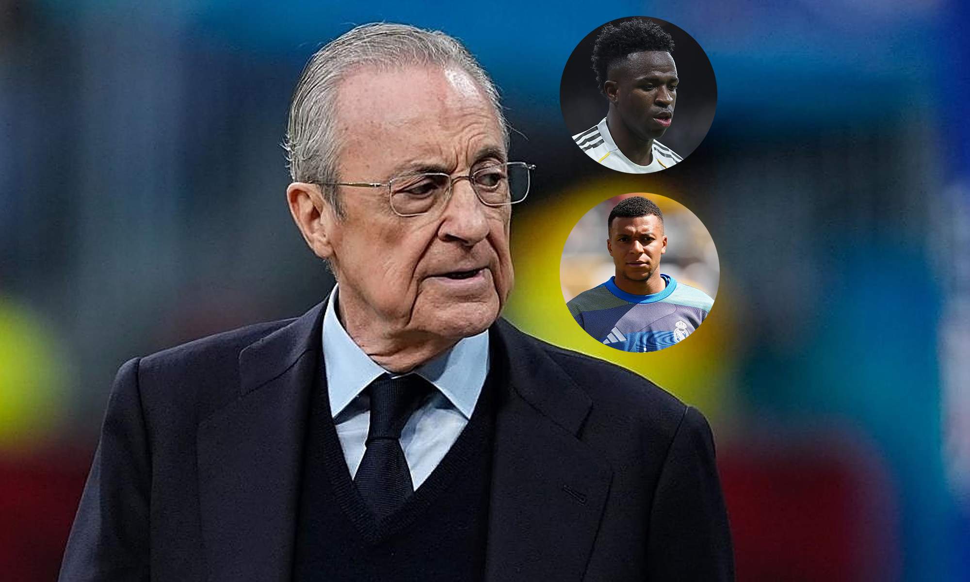 Florentino Pérez y una foto de Vinícius Júnior y Kylian Mbappé. 