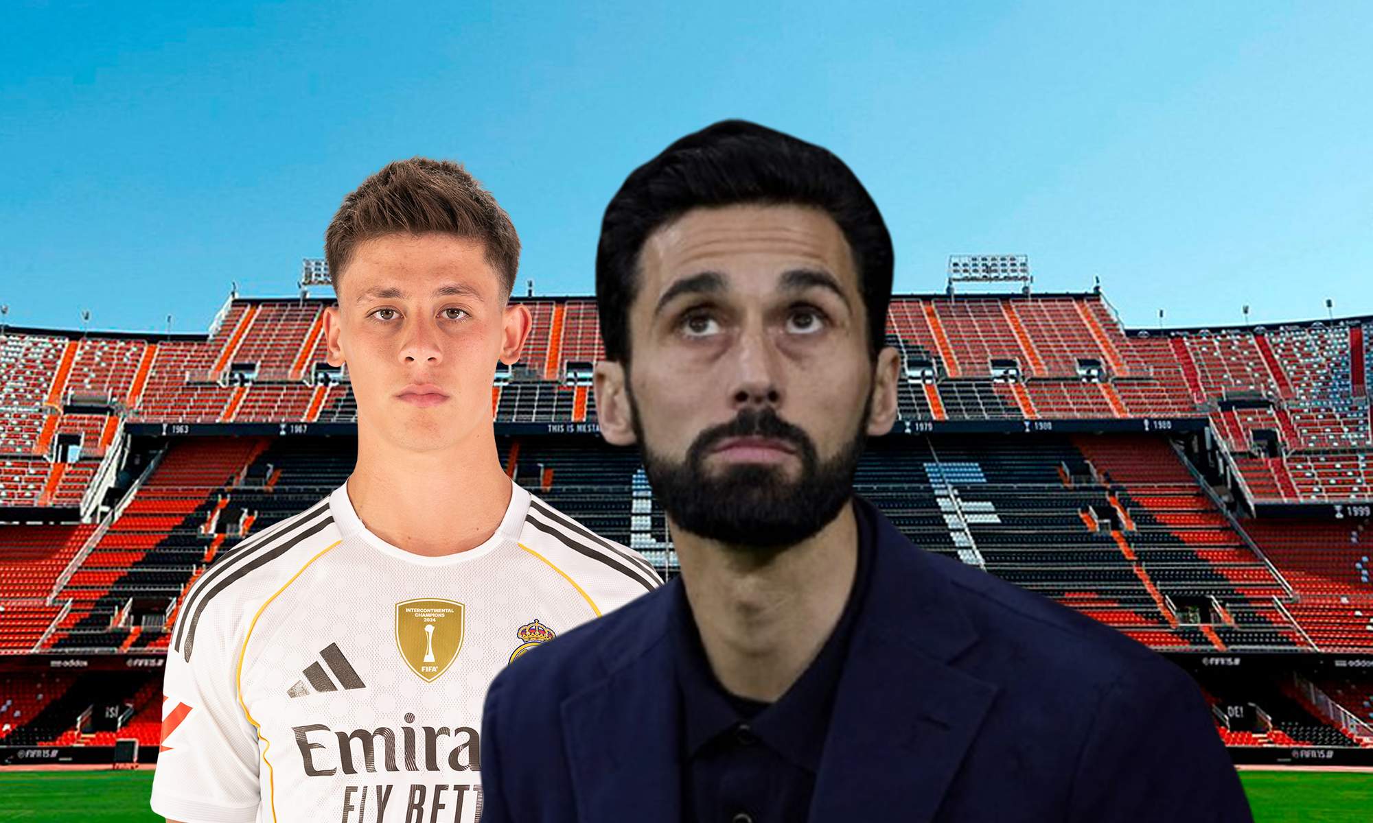 Álvaro Arbeloa, Arda Güler y el estadio de Mestalla. Álvaro Arbeloa, Arda Güler y el estadio de Mestalla.