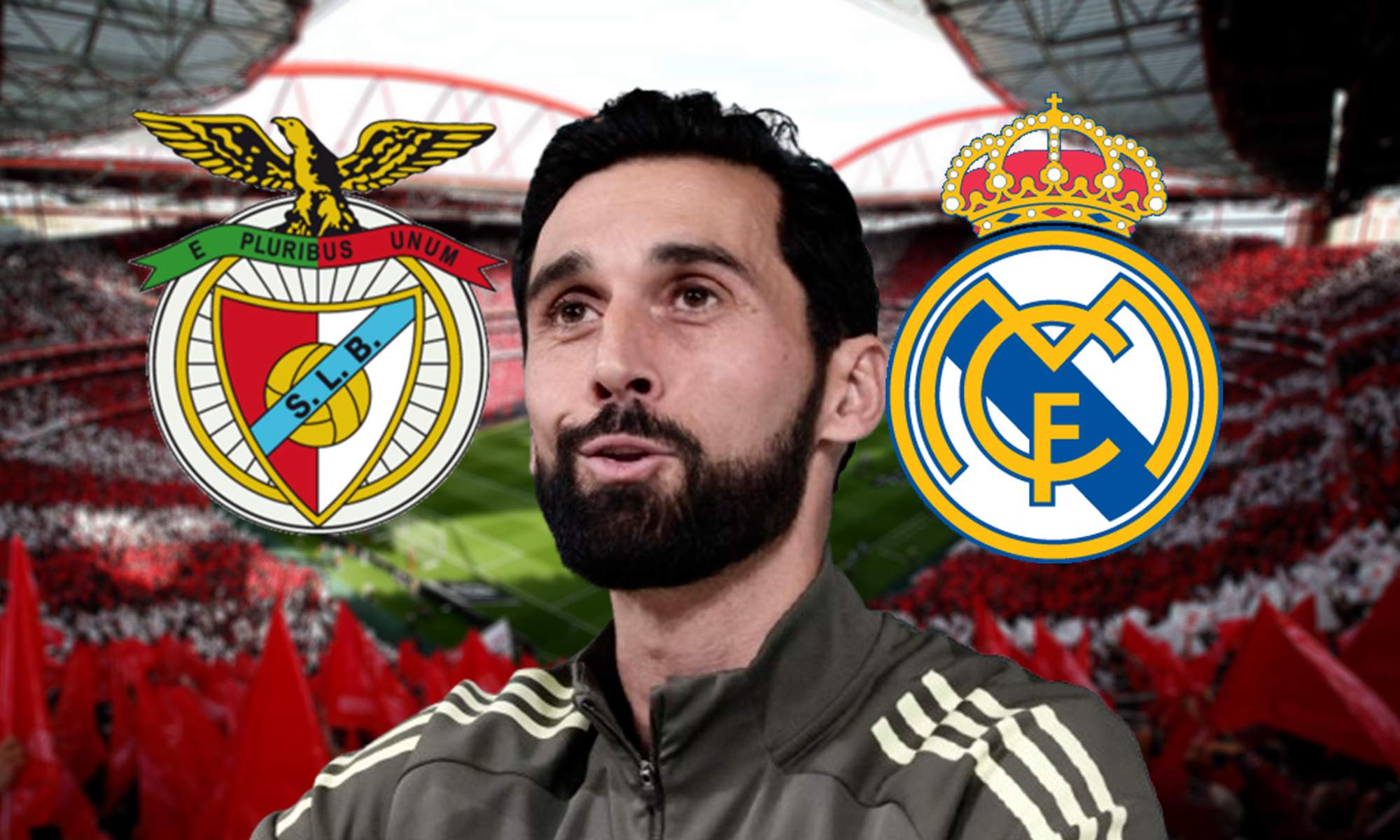 Álvaro Arbeloa y los escudos del Benfica y del Real Madrid.