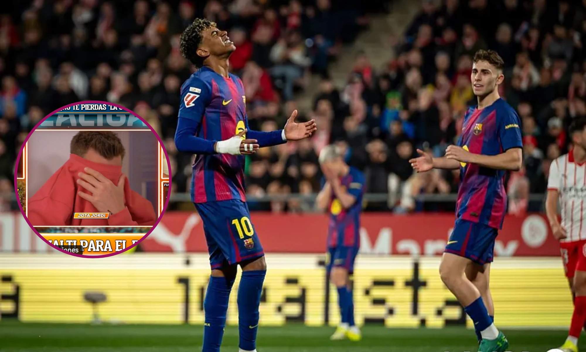 Jota Jordi no ha querido ver el penalti que ha fallado Lamine Yamal antes del descanso en el choque contra el Girona. Jota Jordi no ha querido ver el penalti que ha fallado Lamine Yamal antes del descanso en el choque contra el Girona.