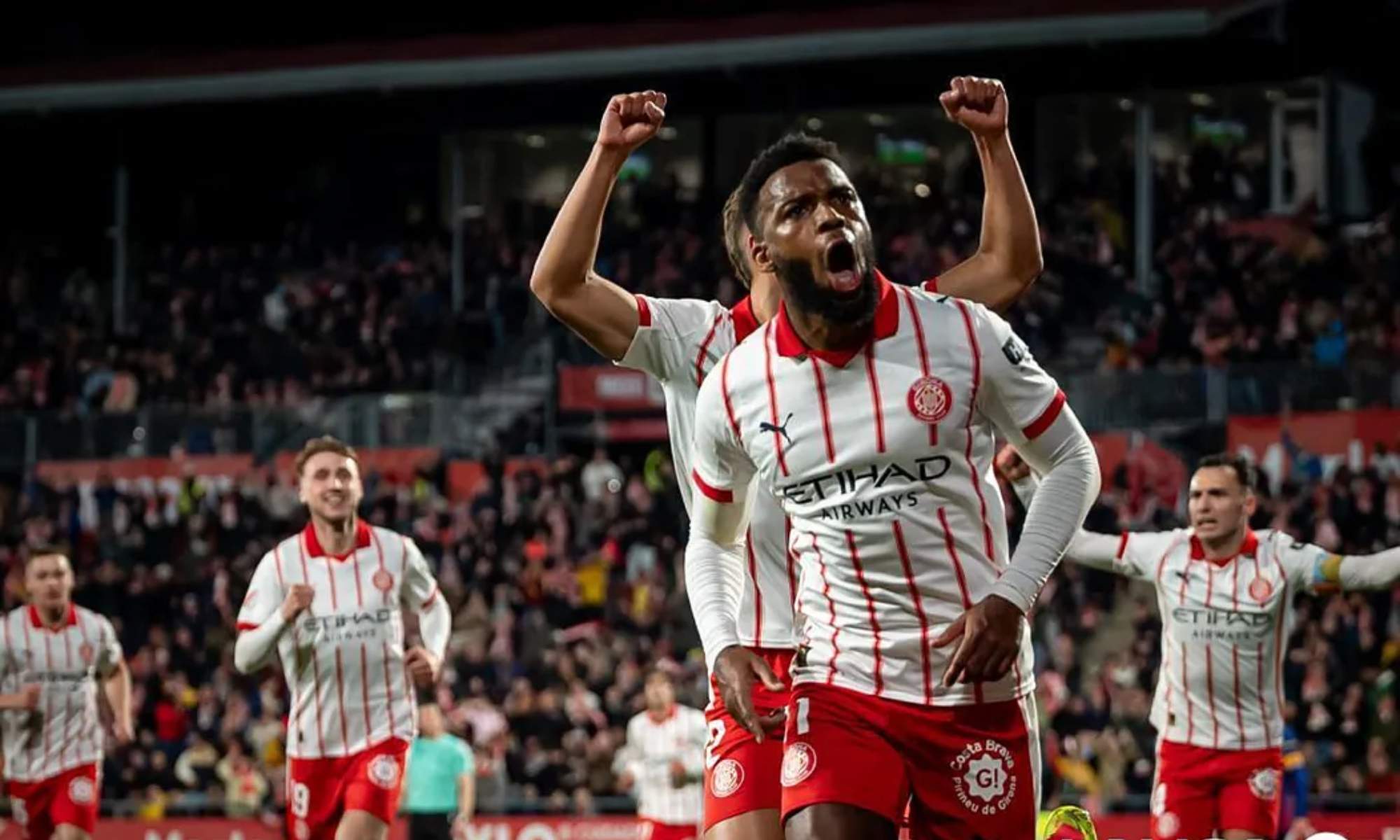 Thomas Lemar, celebrando después de hacer el tanto del empate por parte del Girona ante el Barça.