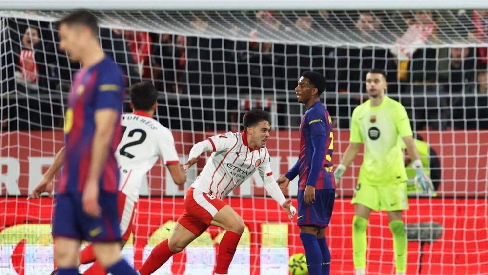 Fran Beltrán, celebrando el gol de la victoria del Girona ante el Barça.