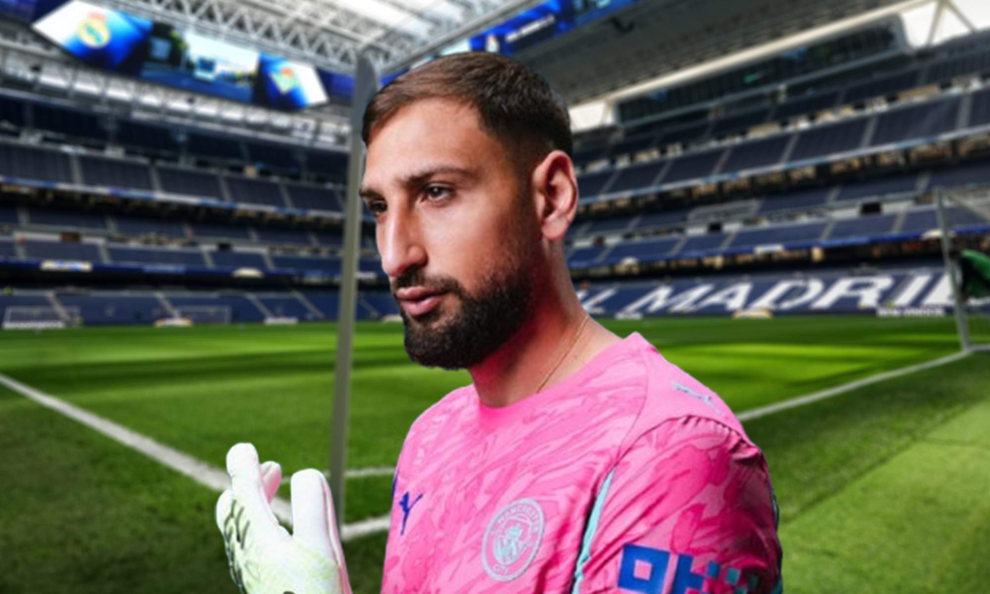 Donnarumma con la camiseta del Manchester City y el Santiago Bernabéu.
