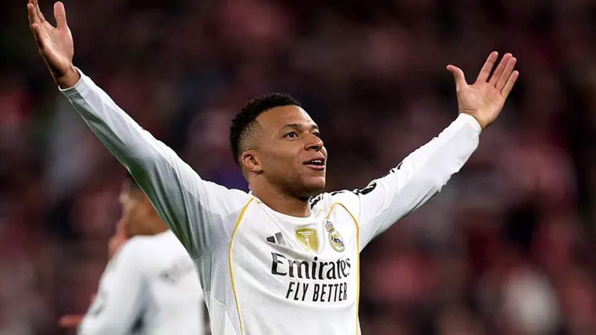 Kylian Mbappé celebrando un gol con el Real Madrid. Kylian Mbappé celebrando un gol con el Real Madrid.