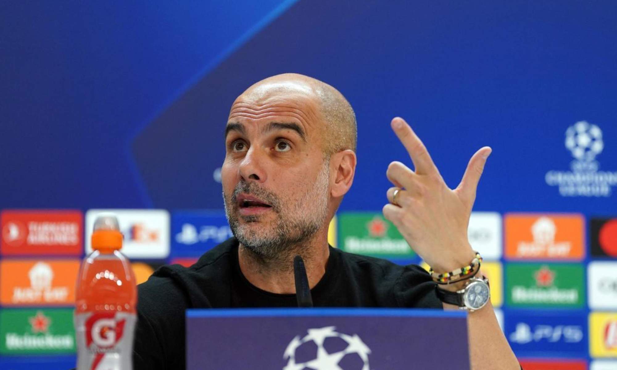 Pep Guardiola, durante una rueda de prensa previa posterior a un encuentro de Champions League.