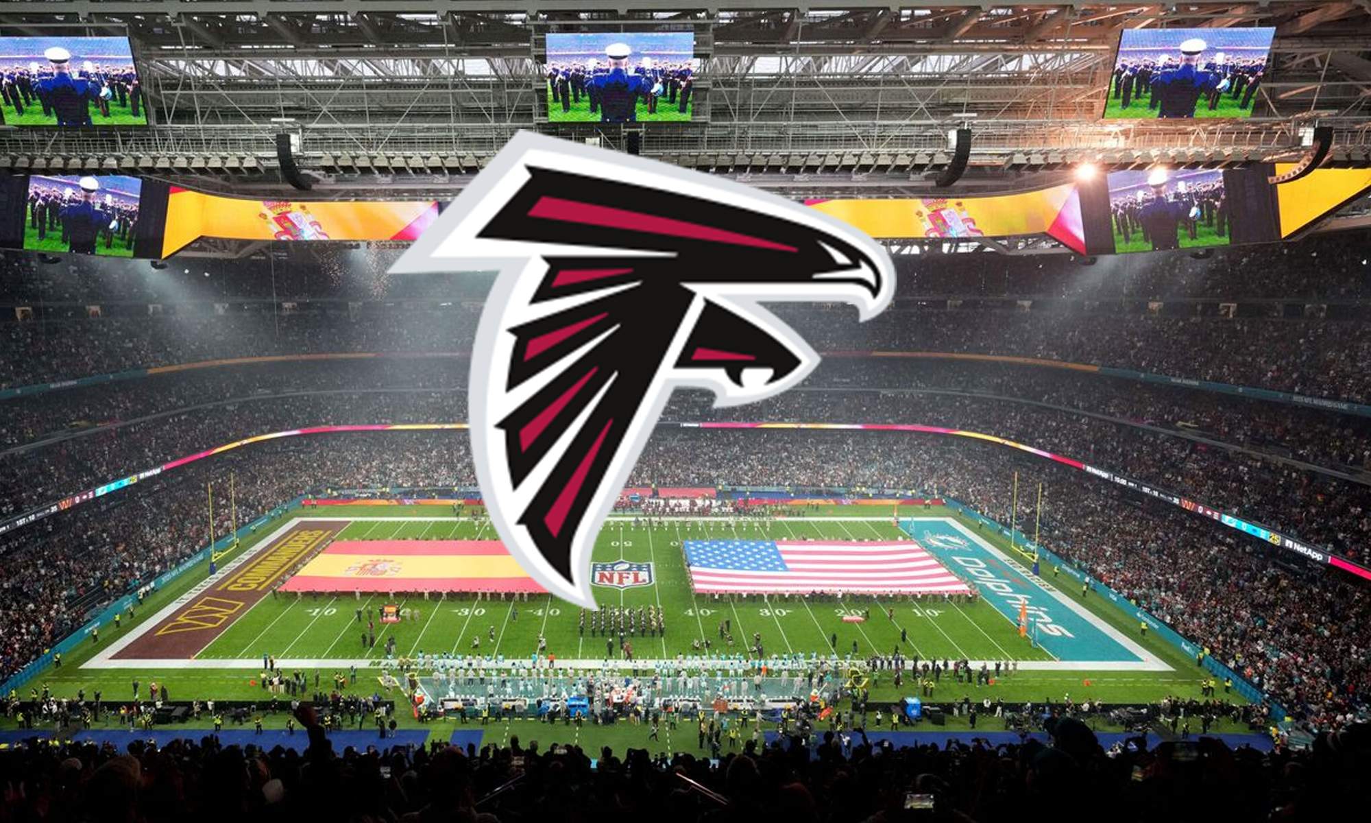 El logo de Atlanta Falcons y el partido de NFL que se jugó en el Bernabéu.