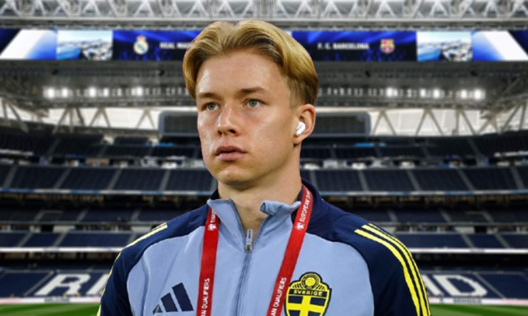 Daniel Svensson con la sudadera de Suecia y el Santiago Bernabéu.
