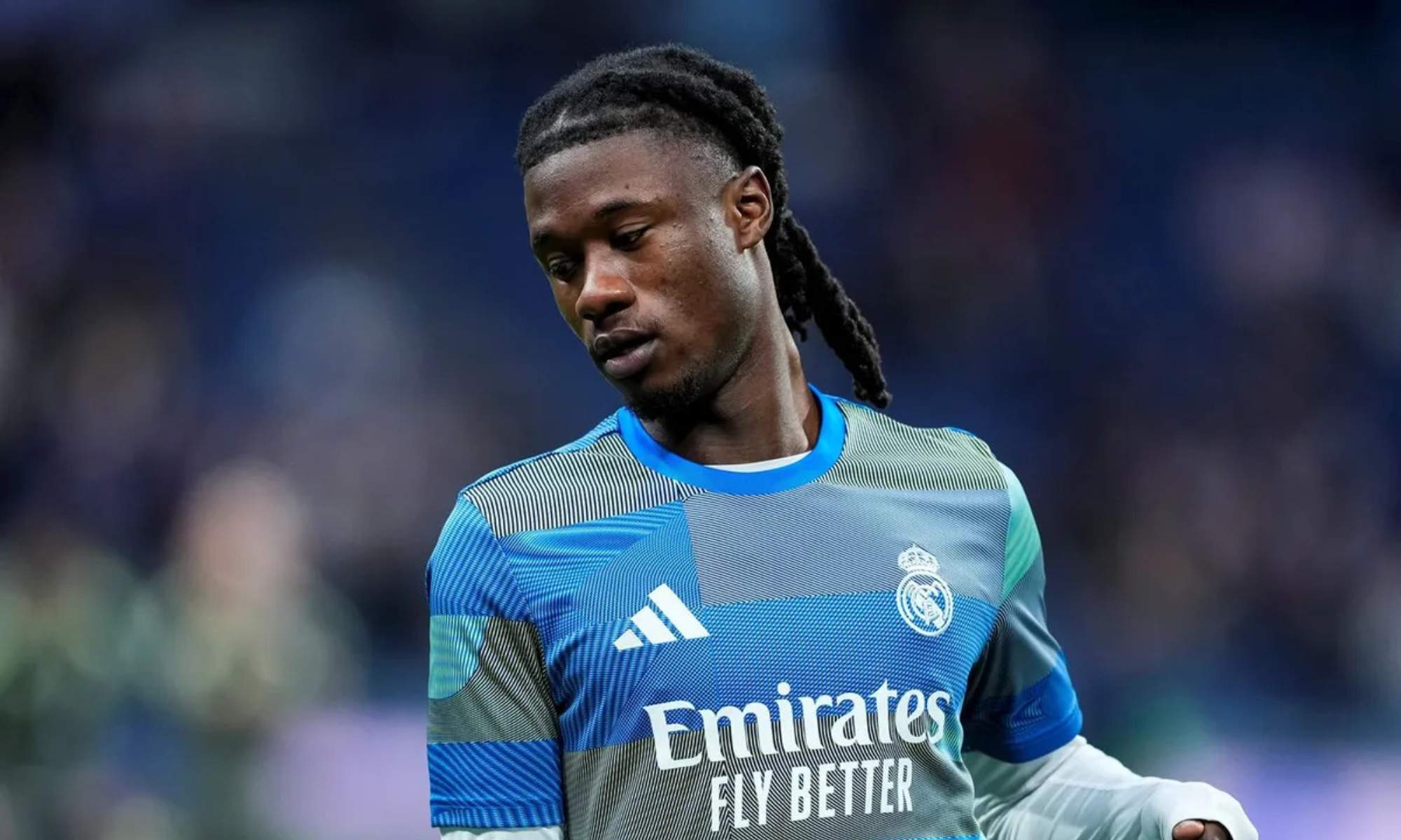 Eduardo Camavinga en un calentamiento previo a un partido liguero del Real Madrid