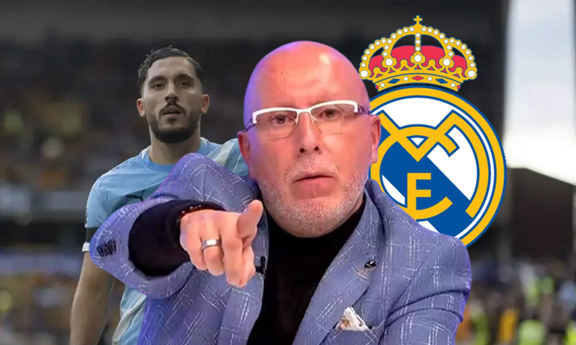 François Gallardo dando una noticia, una foto de Cherki y el escudo del Real Madrid. 