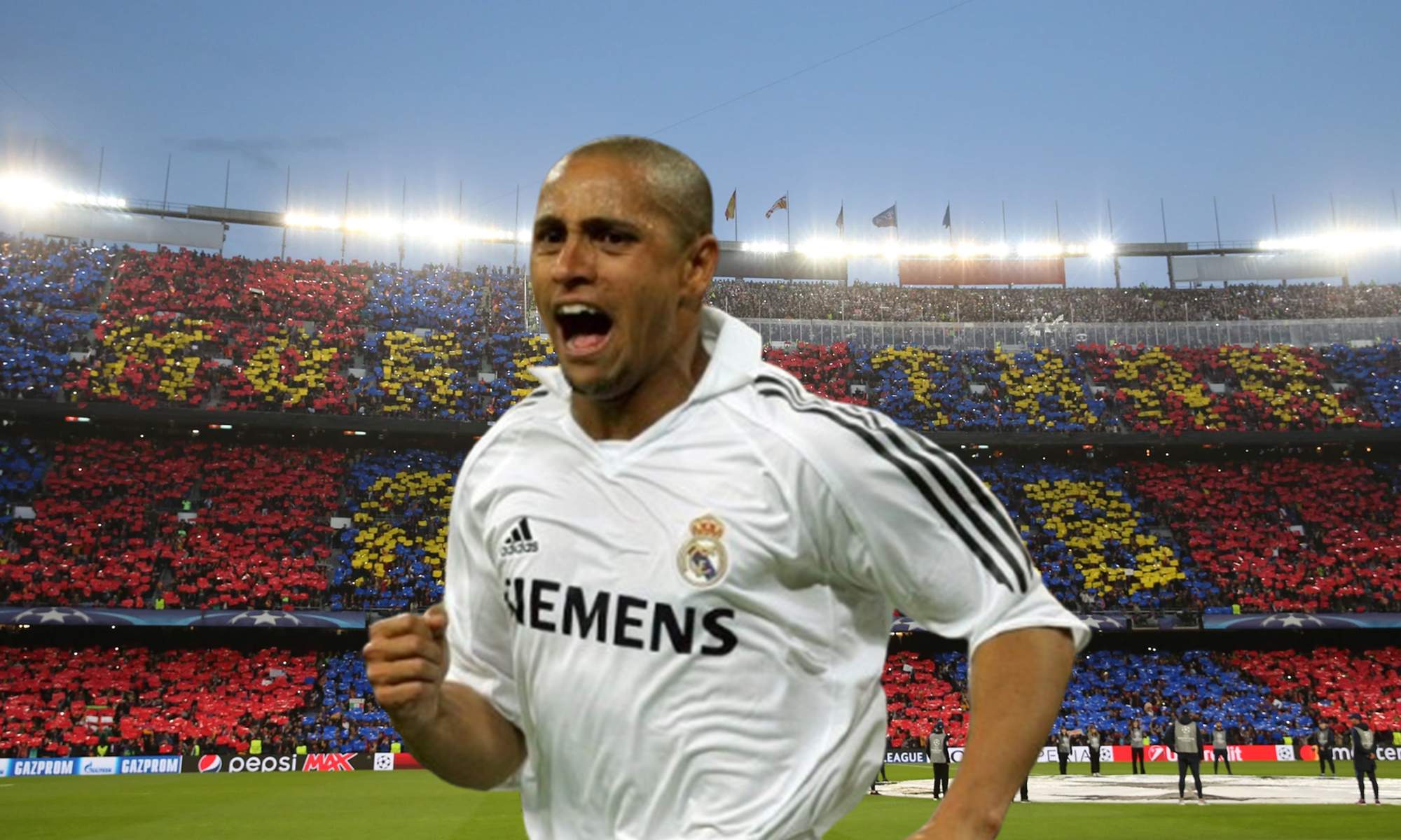 Roberto Carlos con la camiseta del Real Madrid y el Camp Nou. 