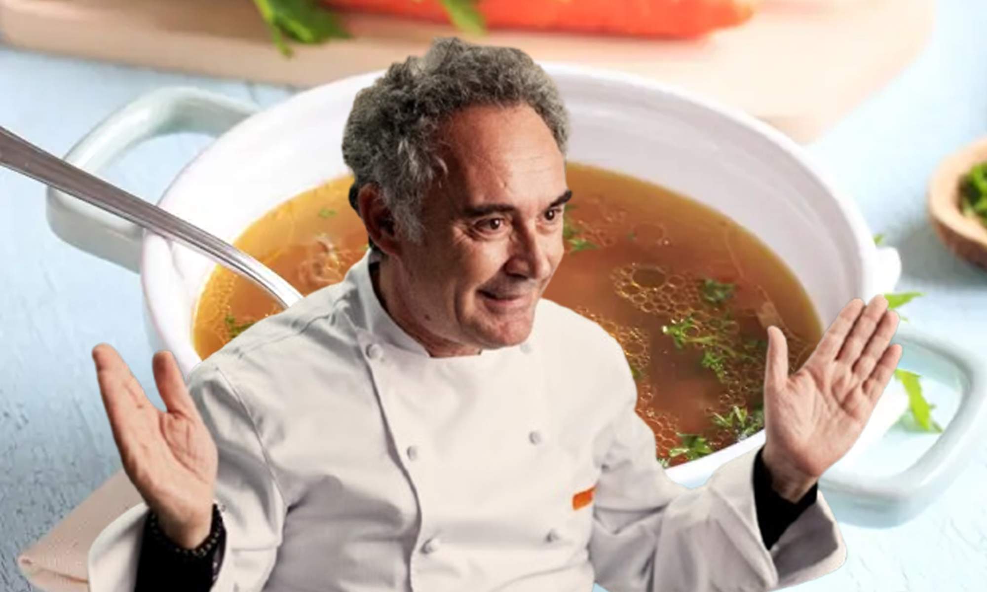 Ferrán Adriá y un plato de caldo de carne.