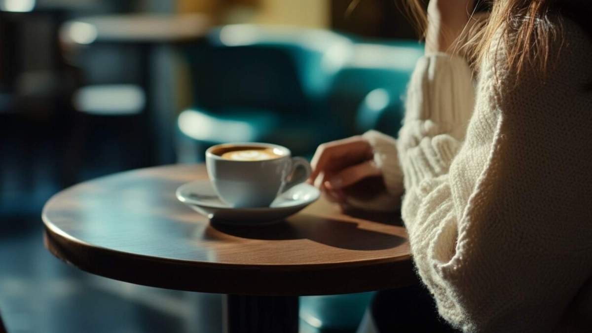 Una mujer, con una taza de café dentro de un bar.