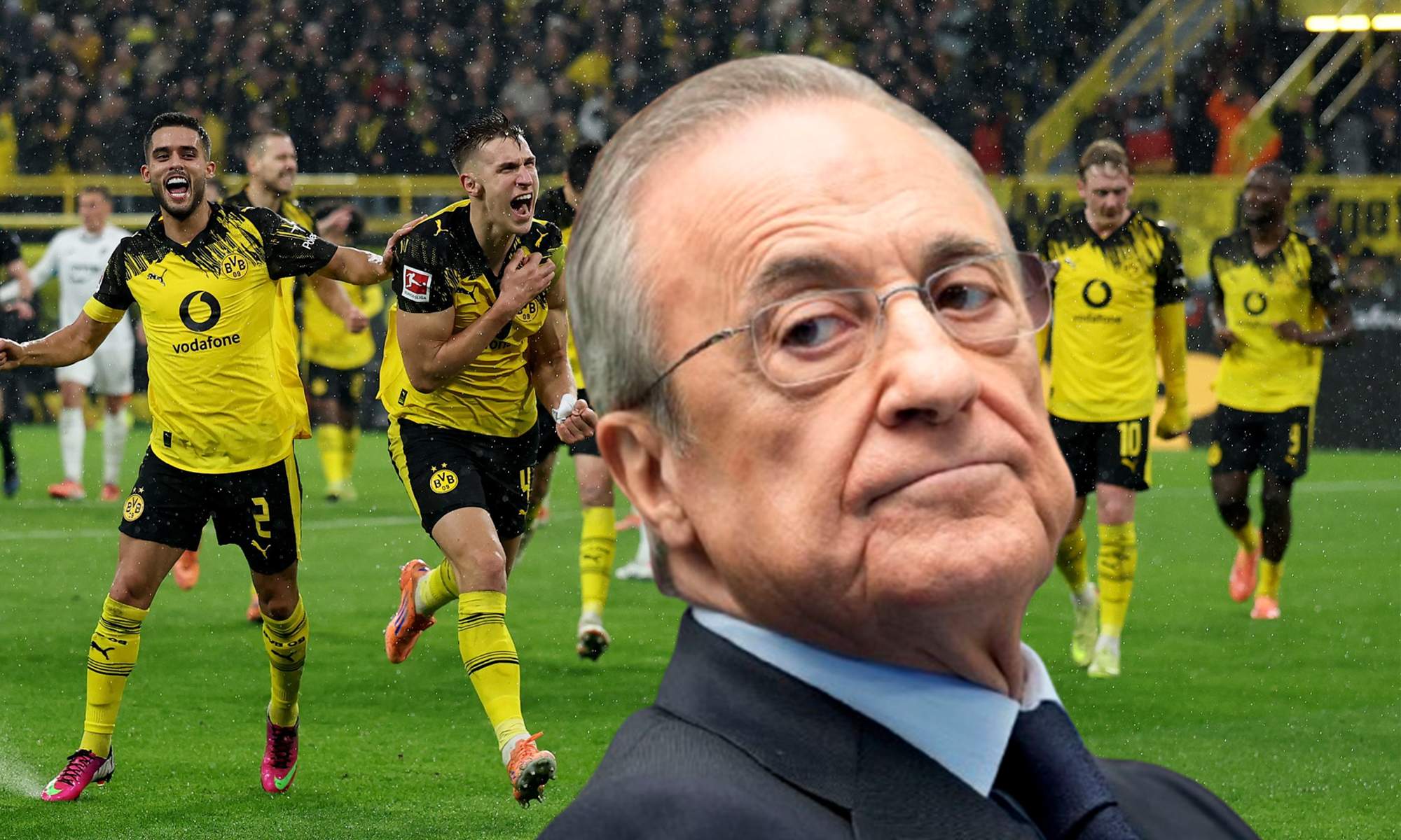 Florentino Pérez y jugadores del Borussia Dortmund.