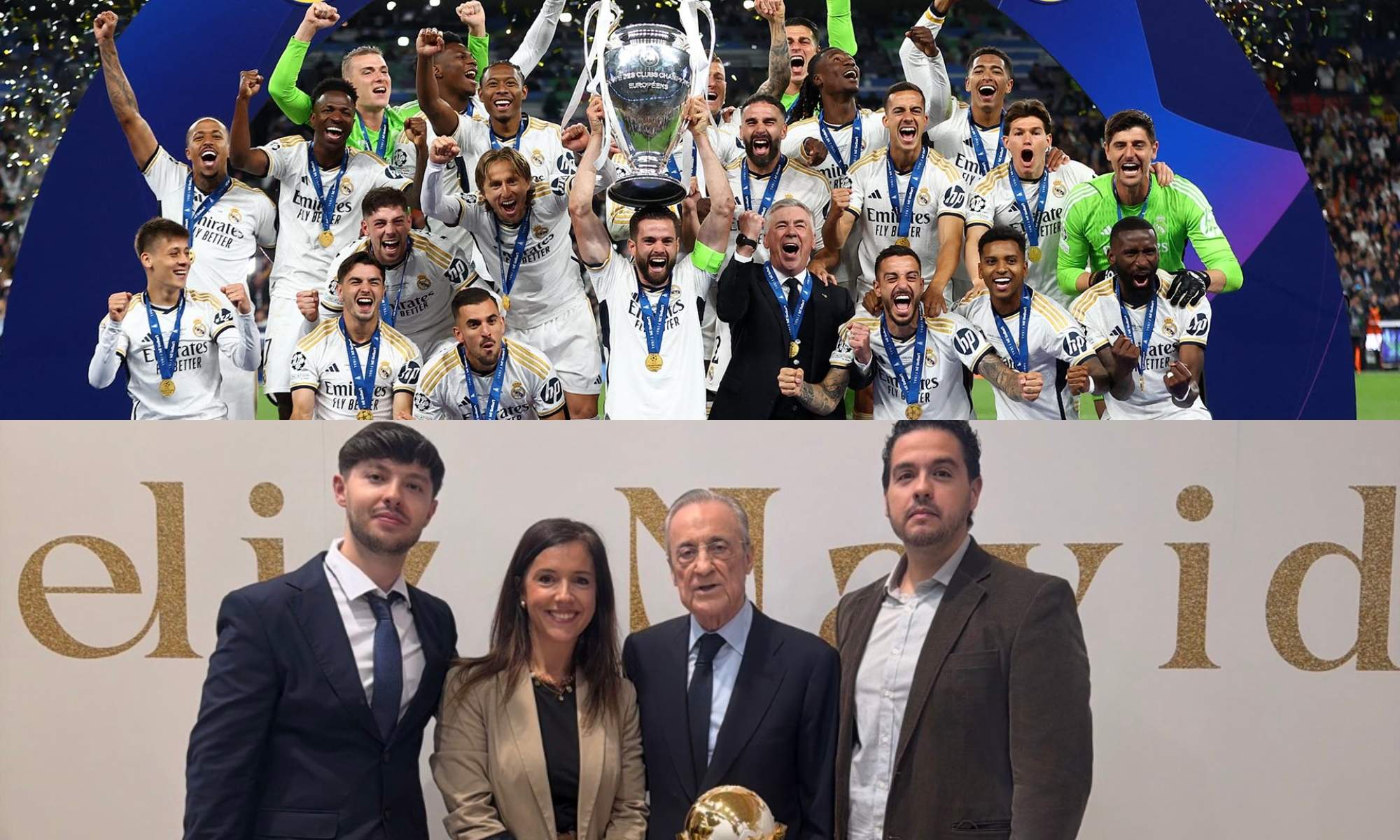 De izquierda a derecha. José Padilla, director Adjunto. Gina López, CEO de Defensa Central, Florentino Pérez, presidente del Real Madrid, y David Jorquera,Director.
