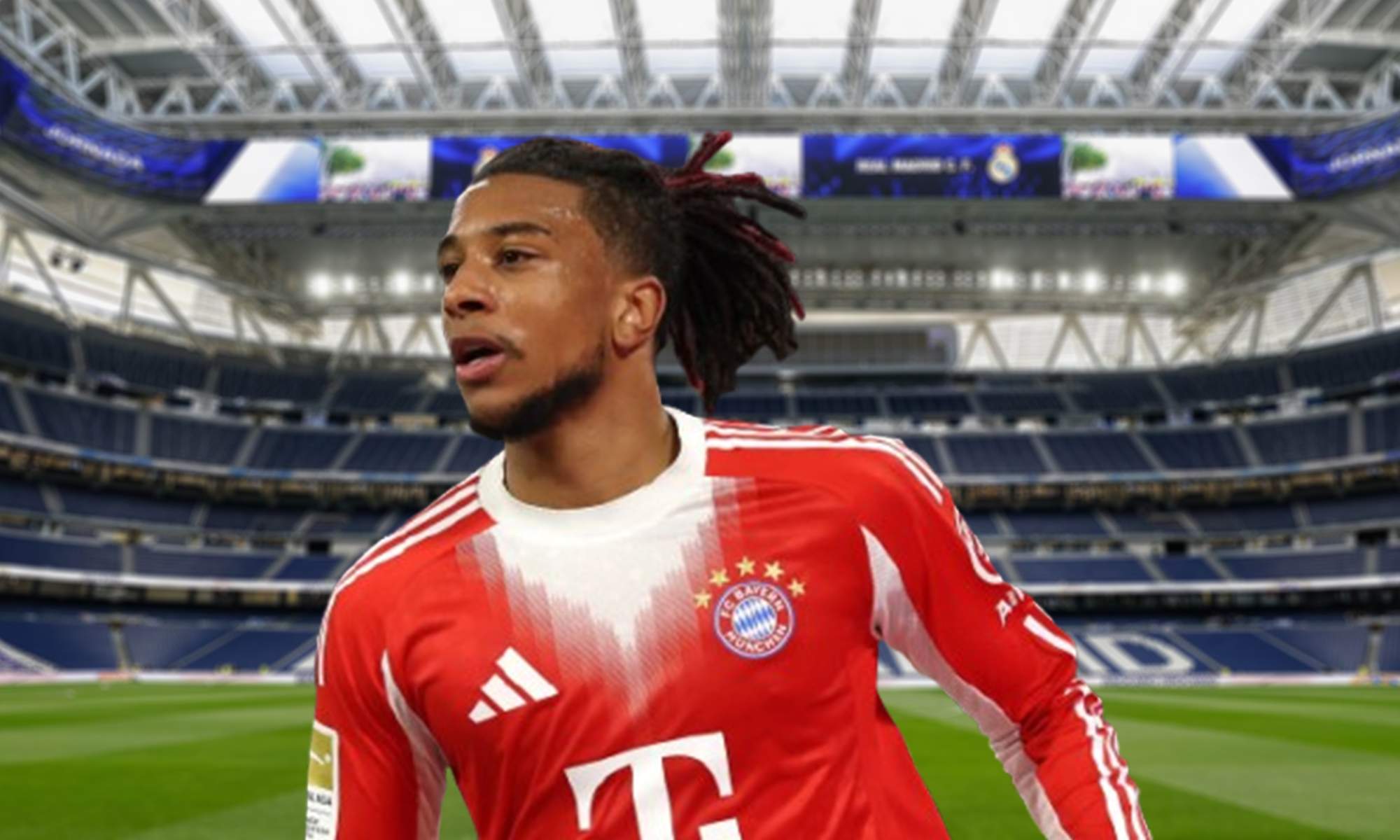Michael Olise con la camiseta del Bayern Múnich y el Santiago Bernabéu.