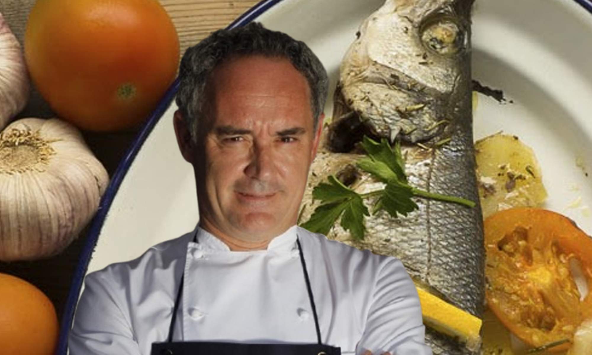 Ferrán Adriá y un plato de lubina con patatas al horno.