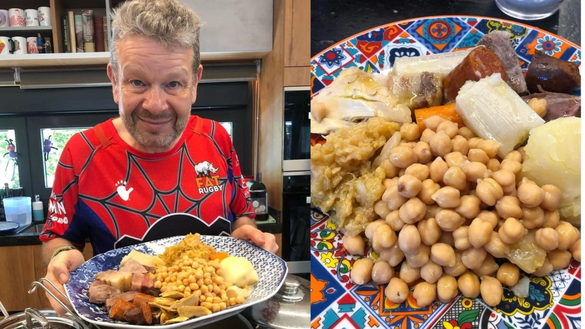Alberto Chicote y un plato de cocido madrileño.