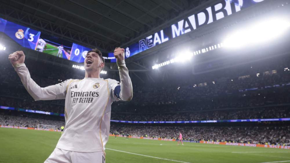 Fede Valverde, celebrando sus tres goles ante el Manchester City en la ida de los octavos de final de la Champions.