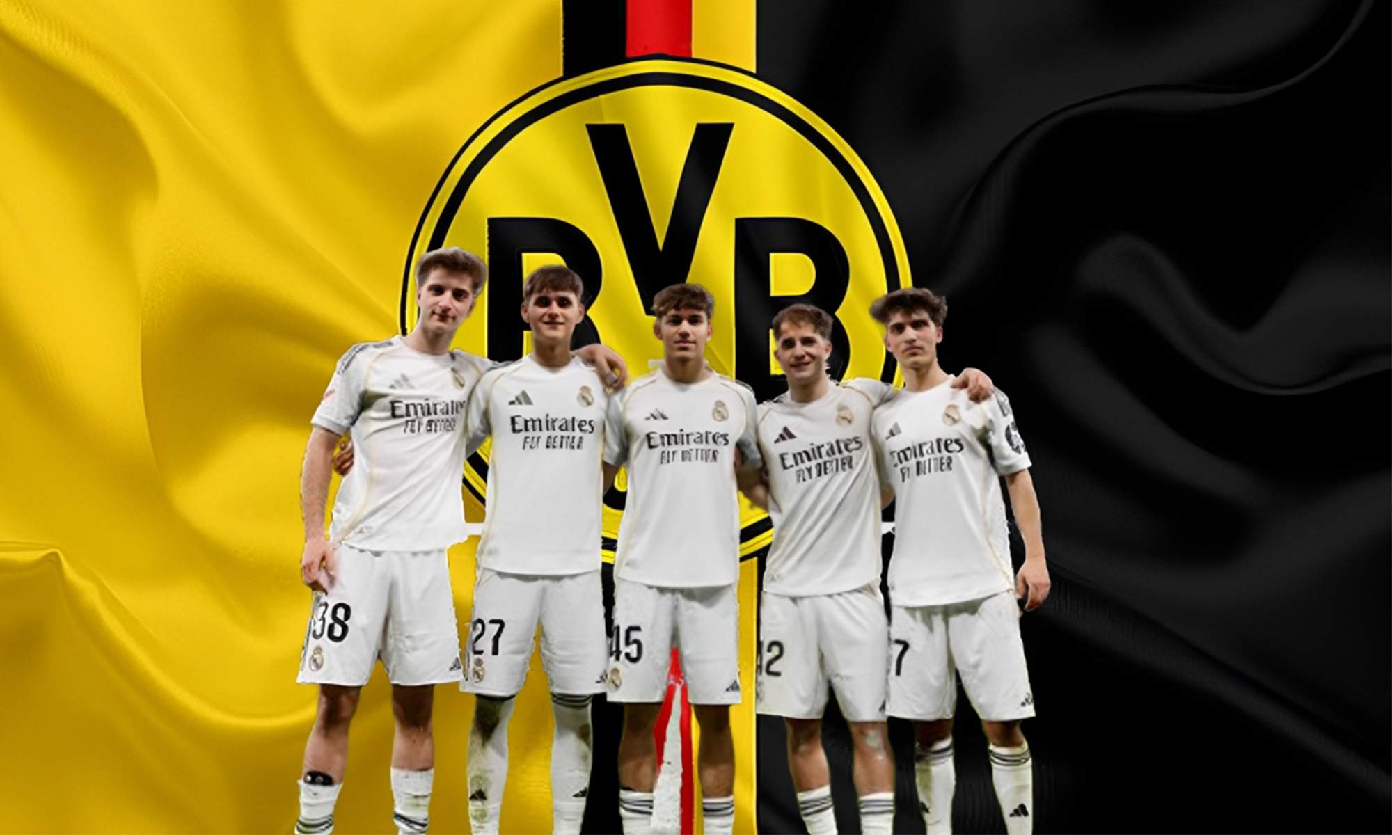 Canteranos del Real Madrid que jugaron contra el Elche y el escudo del Dortmund. 