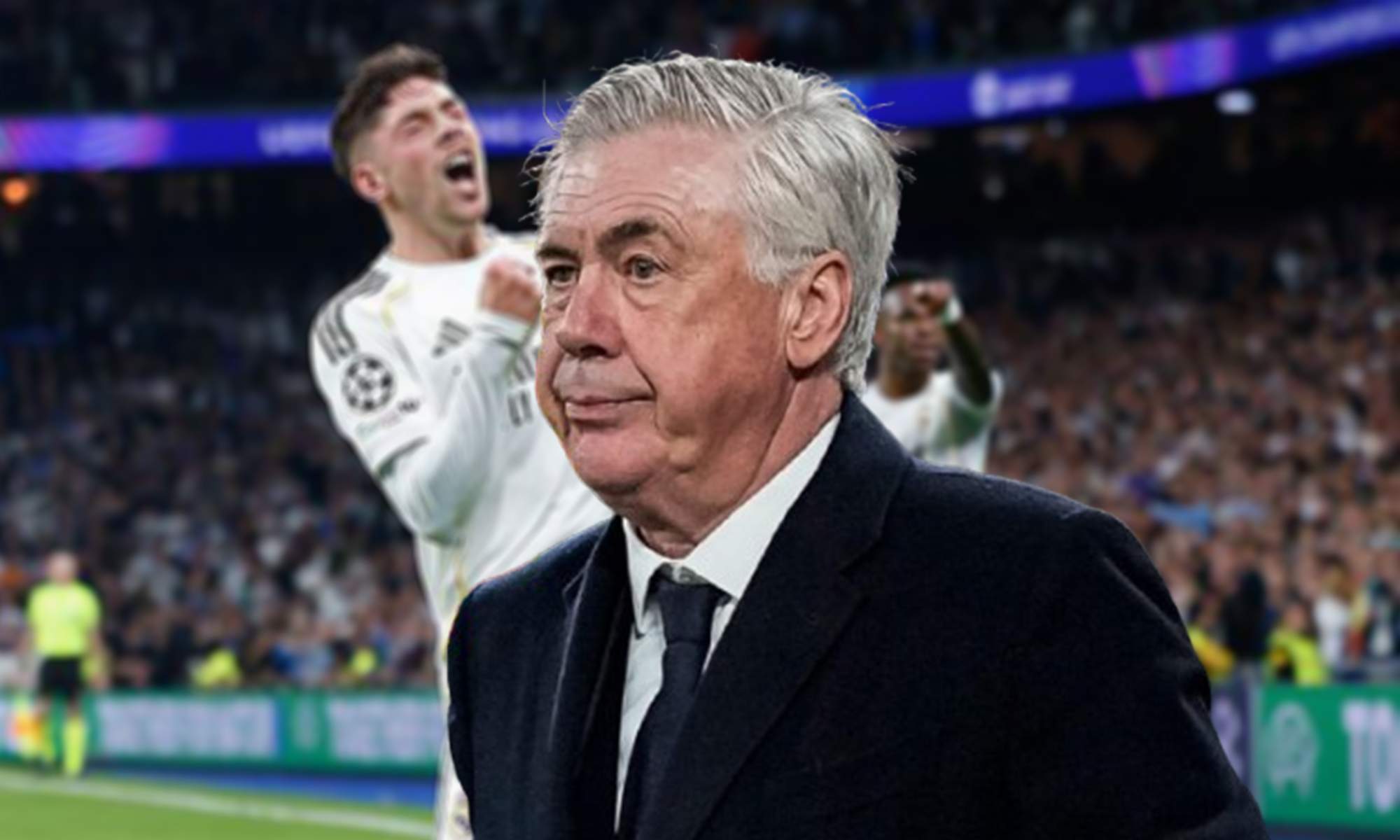 Carlo Ancelotti y Fede Valverde celebrando un gol con el Real Madrid. 