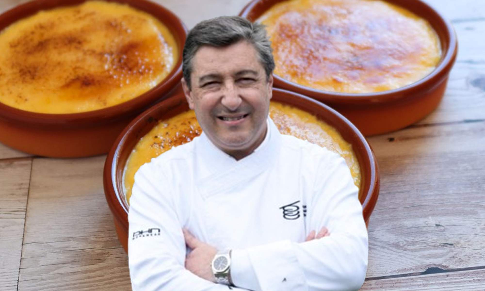 Joan Roca y varios postres de crema catalana.