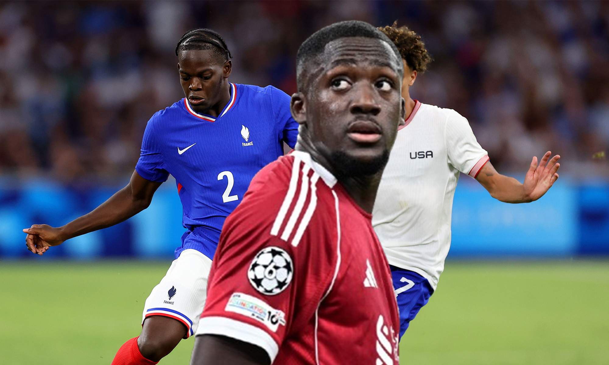 Ibrahima Konaté con la camiseta del Liverpool y Lukeba jugando con Francia.