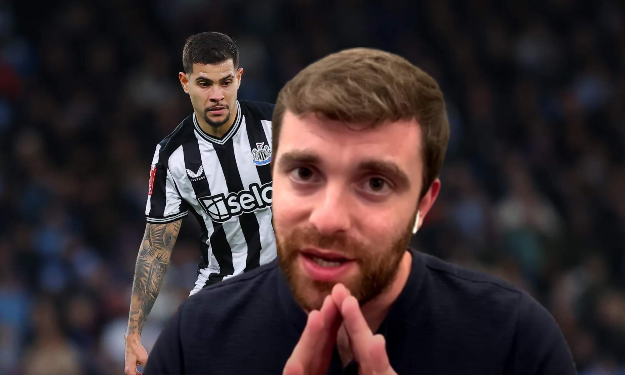Fabrizio Romano y una foto de Bruno Guimaraes jugando un partido con el Newcastle. 