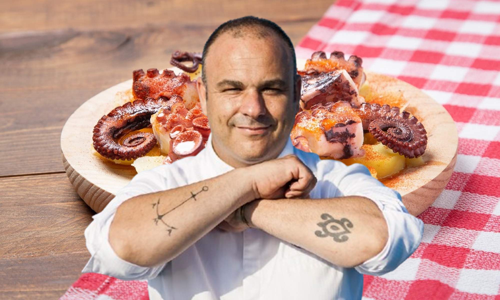 El chef Ángel León y un plato de pulpo. 