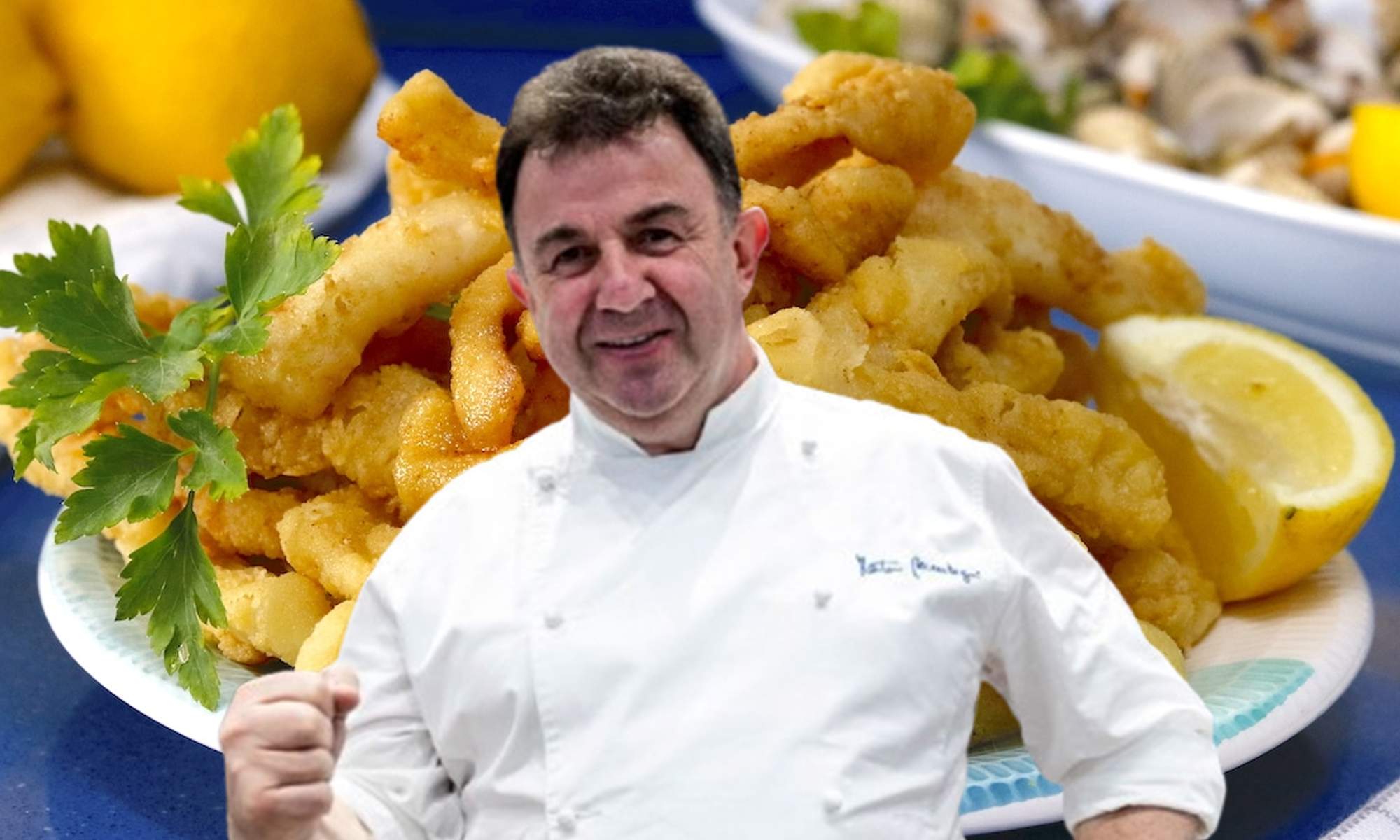 Martín Berasategui y un plato de rabas de calamar. 