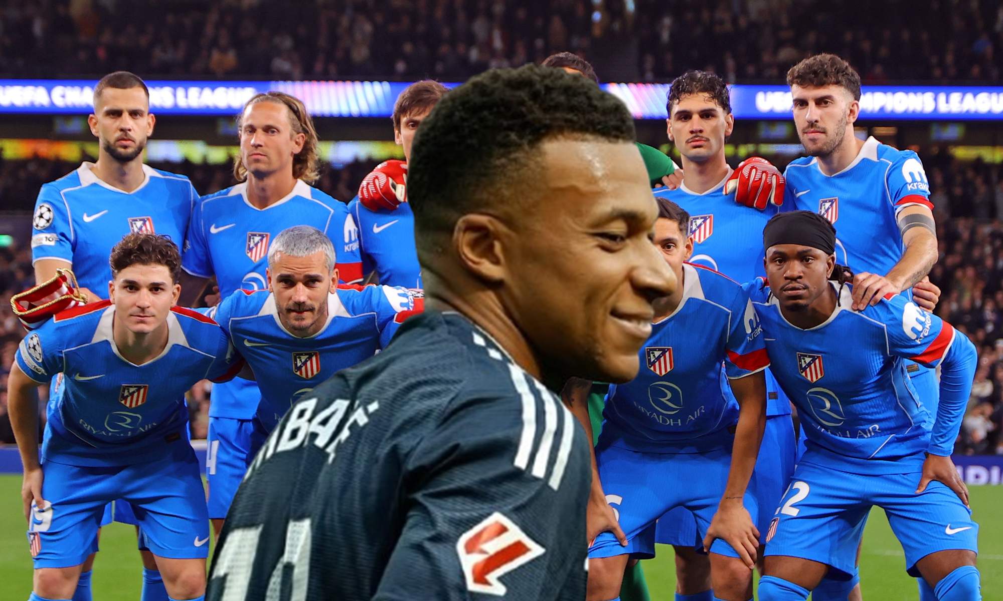 Kylian Mbappé y el once del Atlético de Madrid.