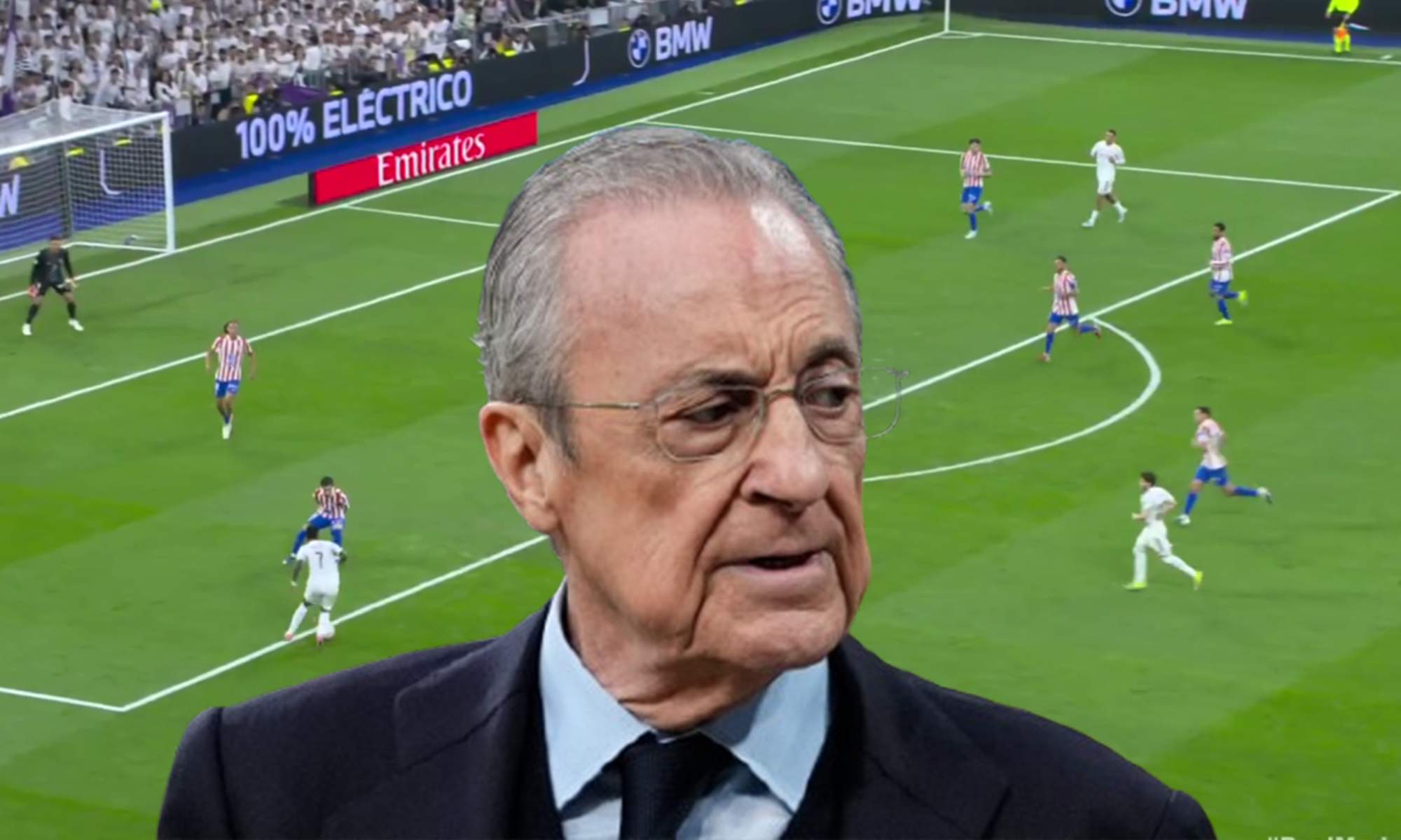 Florentino Pérez y una captura del Real Madrid - Atlético de Madrid.