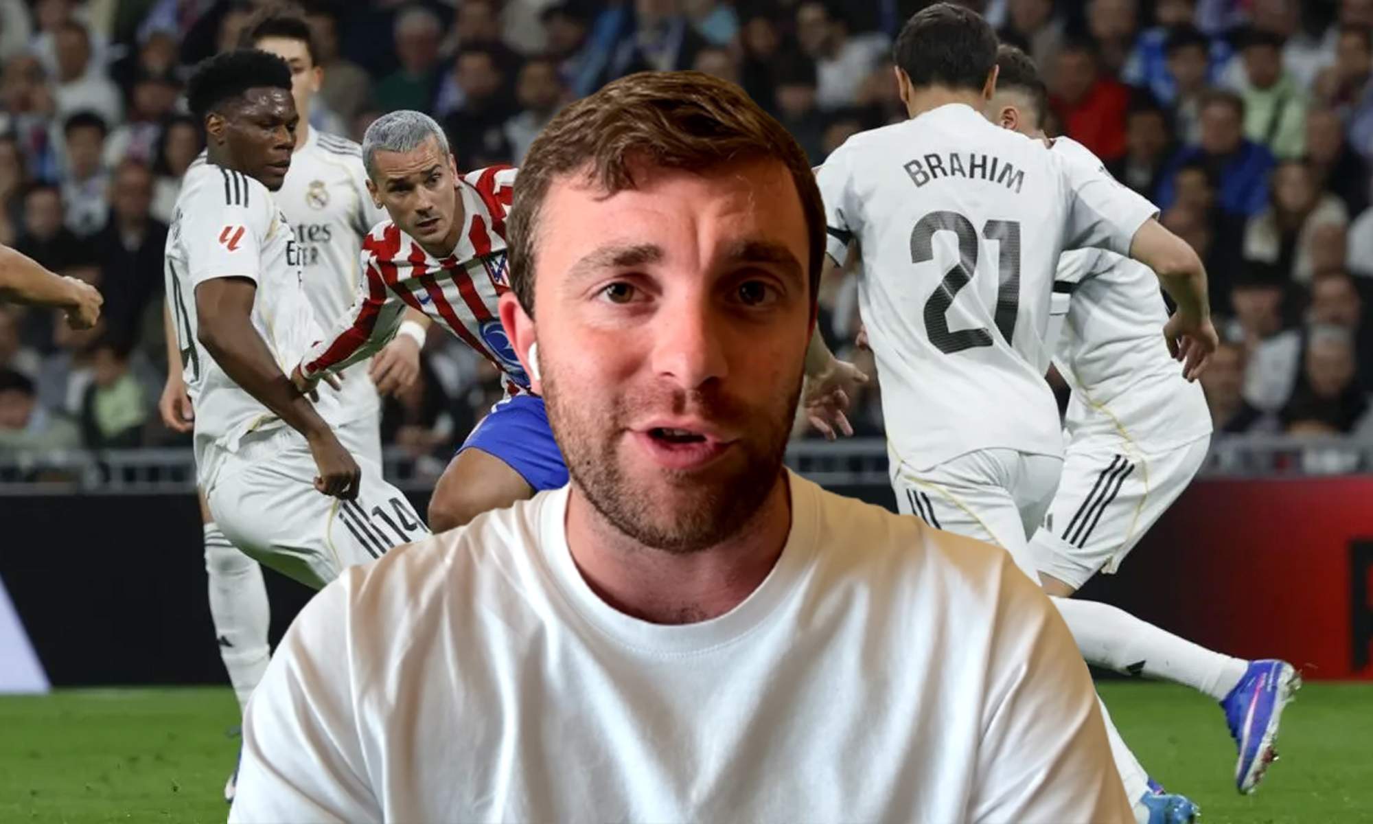 Fabrizio Romano y una foto del Real Madrid - Atlético de Madrid.