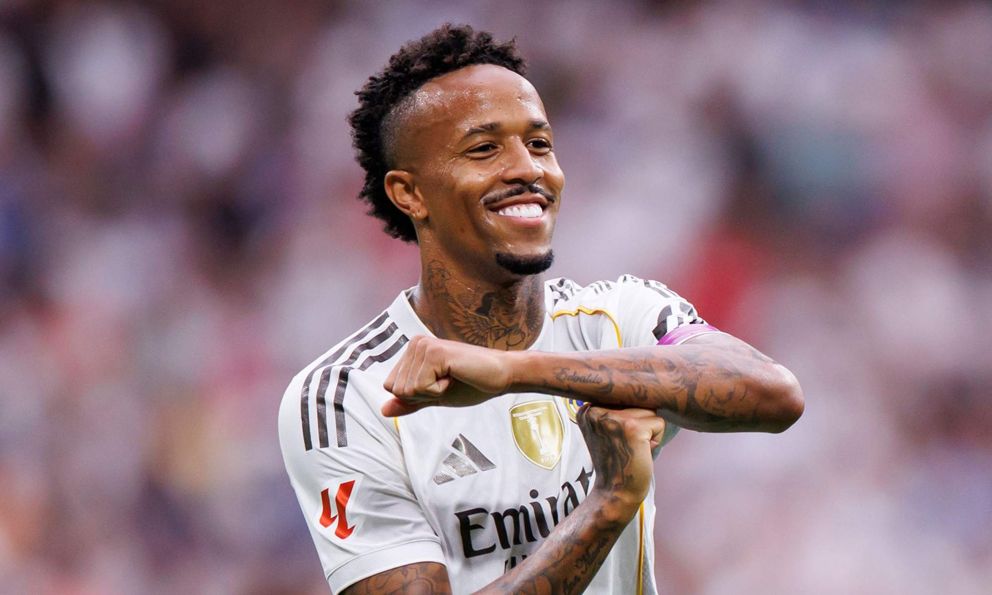Éder Militao, celebrando un gol con el Real Madrid durante un partido de esta temporada.