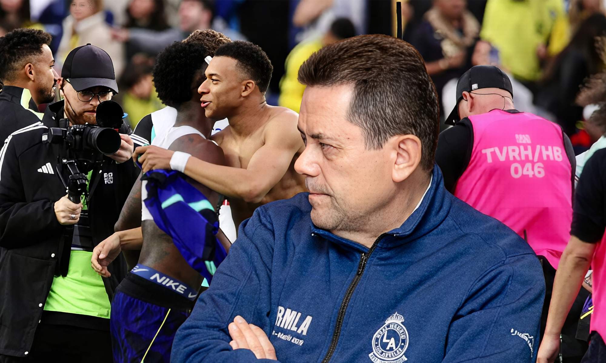 Tomás Roncero y una foto de Vinícius y Mbappé después del Brasil - Francia.