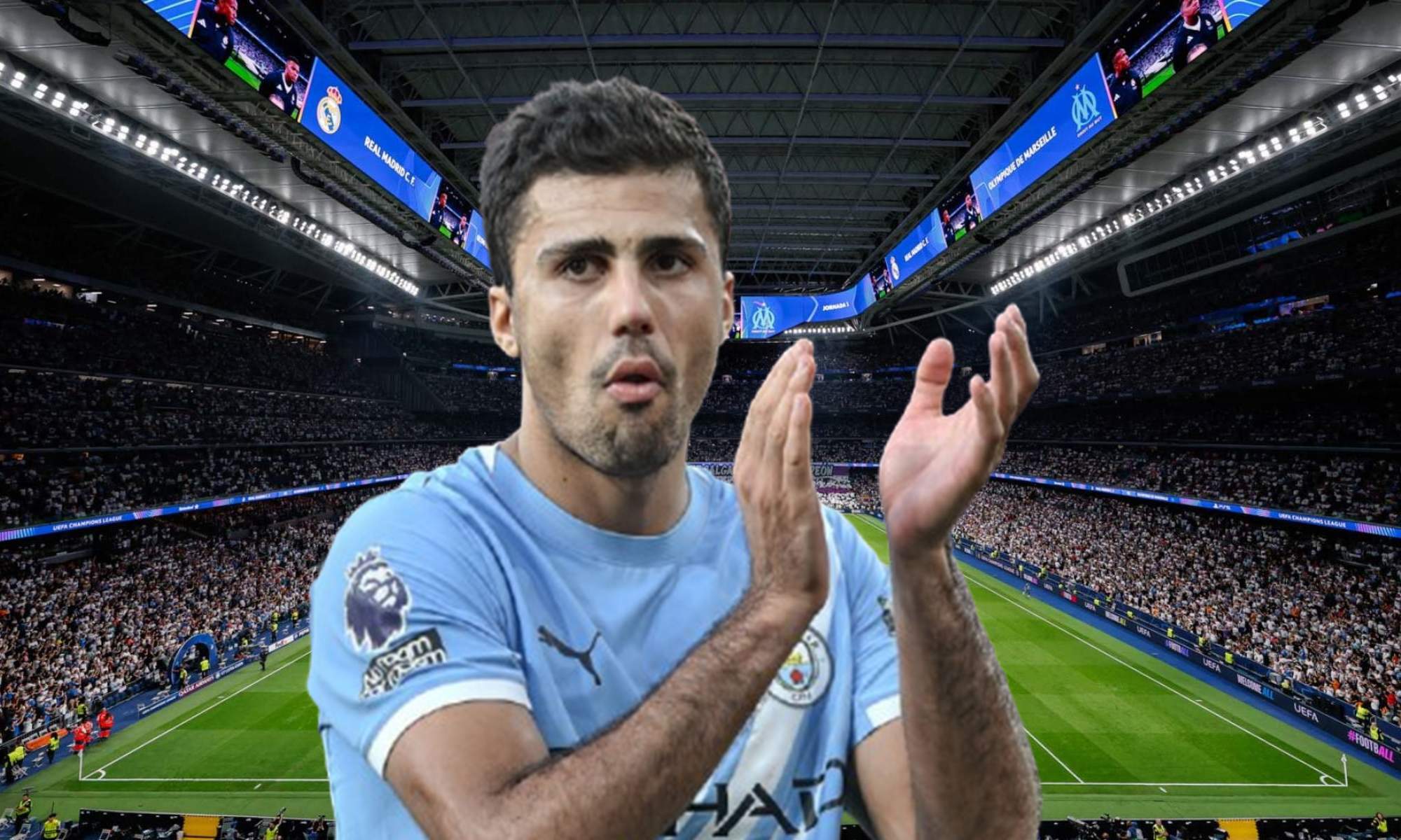 Rodri Hernández con la camiseta del Manchester City y el Santiago Bernabéu.