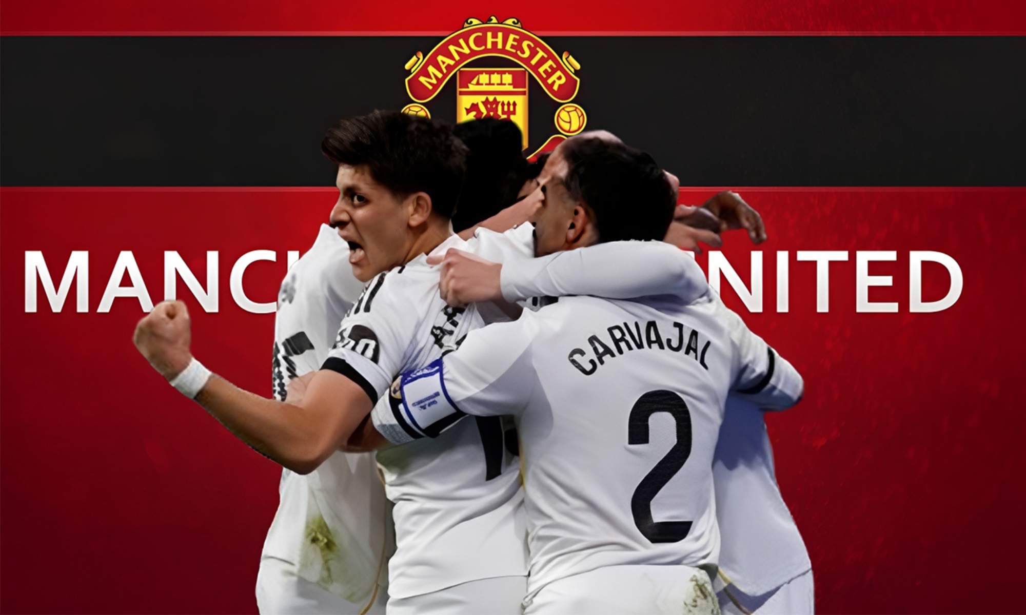 Jugadores del Real Madrid celebrando un gol y un wallpaper del Manchester United.