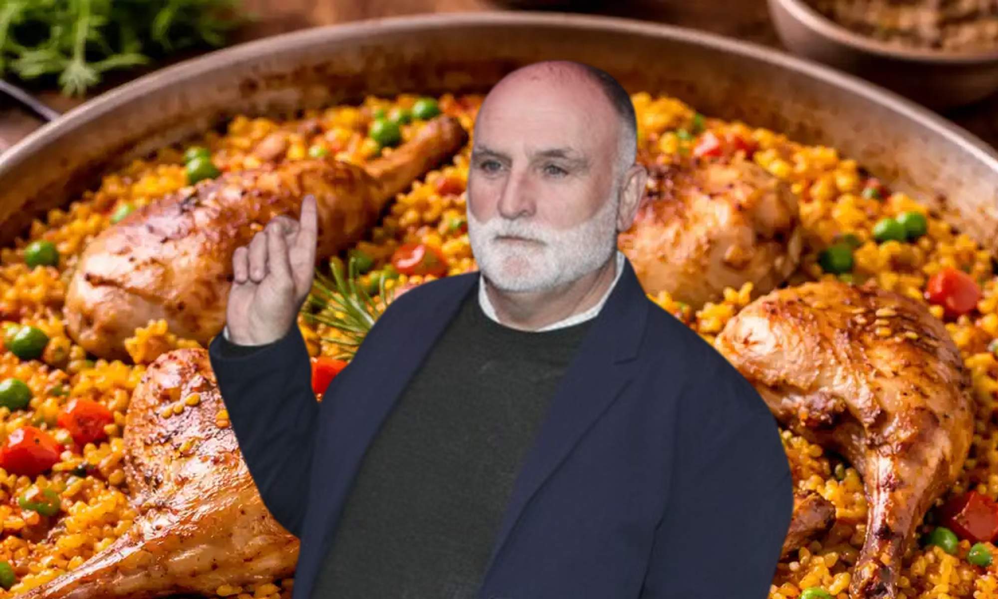 El chef José Andrés y una paella de conejo.
