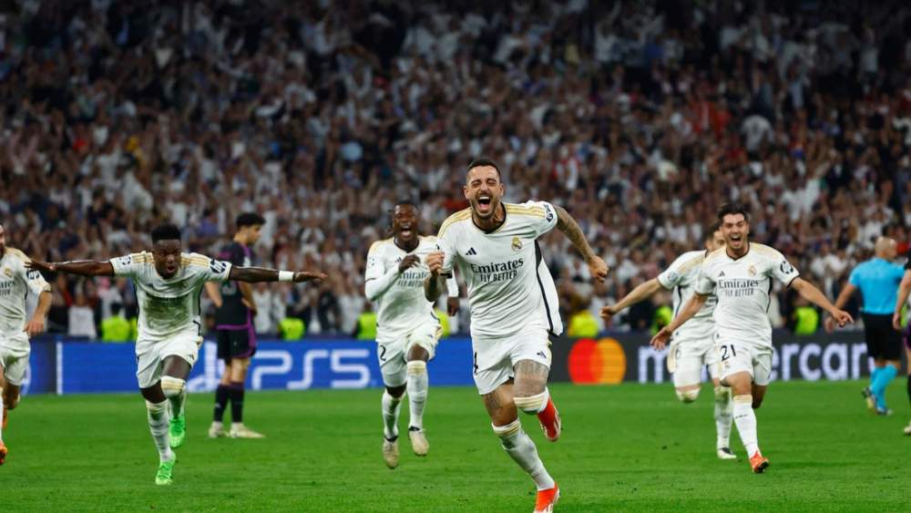 Joselu, celebrando un gol en la última eliminatoria entre Real Madrid y Bayern, que fue en semifinales en 2024 y se llevaron los blancos.