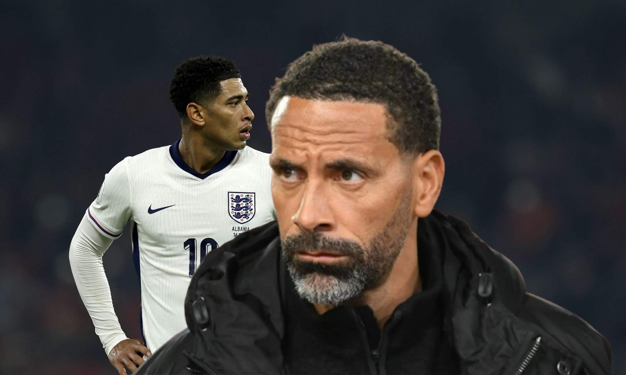 Rio Ferdinand y una foto de Jude Bellingham jugando un partido con Inglaterra.