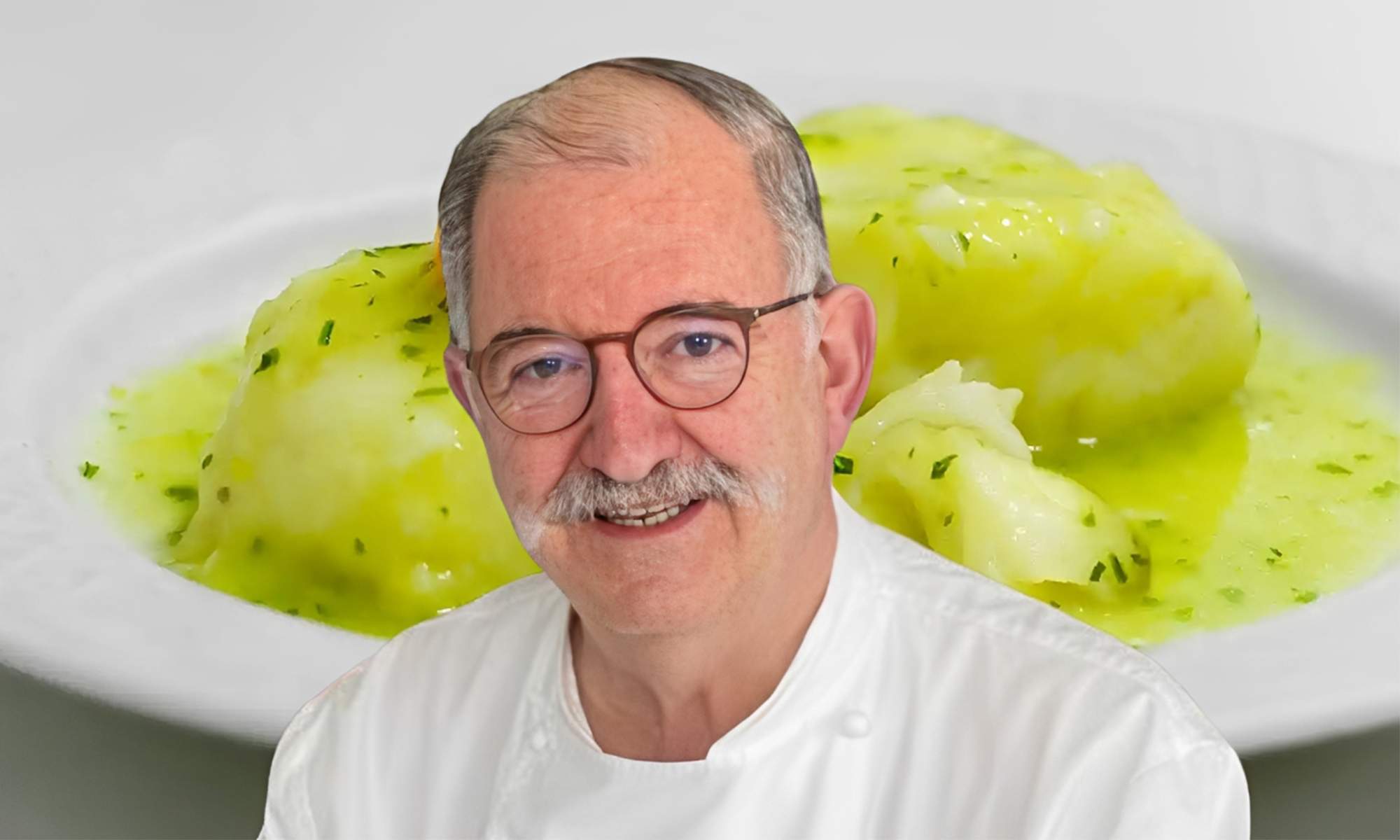 Pedro Subijana y un plato de merluza en salsa verde.