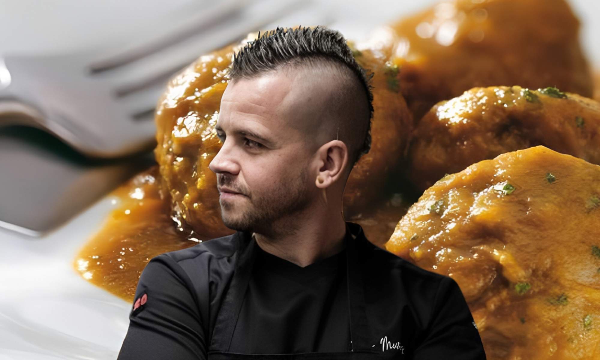 Dabiz Muñoz y unos platos de albóndigas.