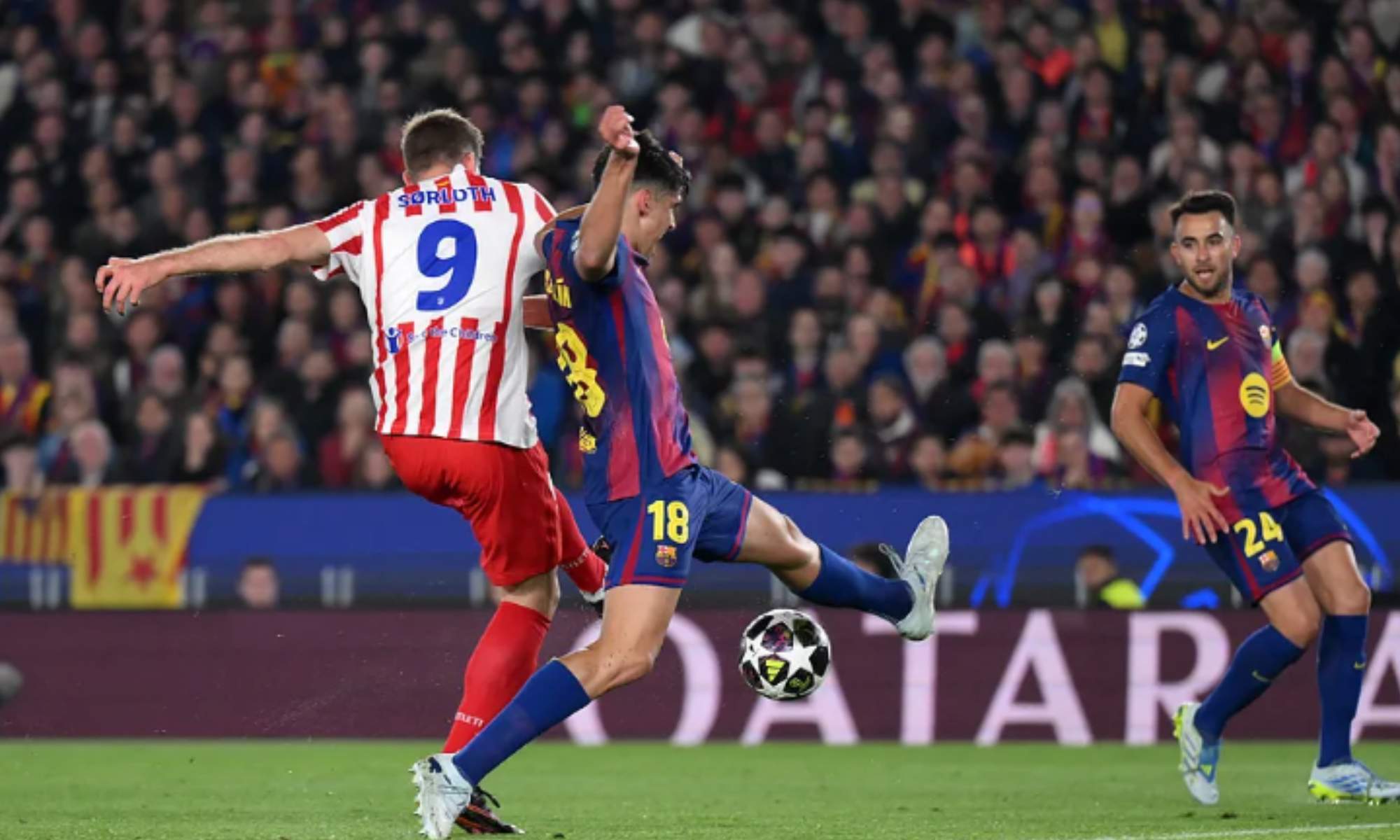 Aleksander Sorloth, en el remate del 0-2 definitivo entre el Barça y el Atlético.