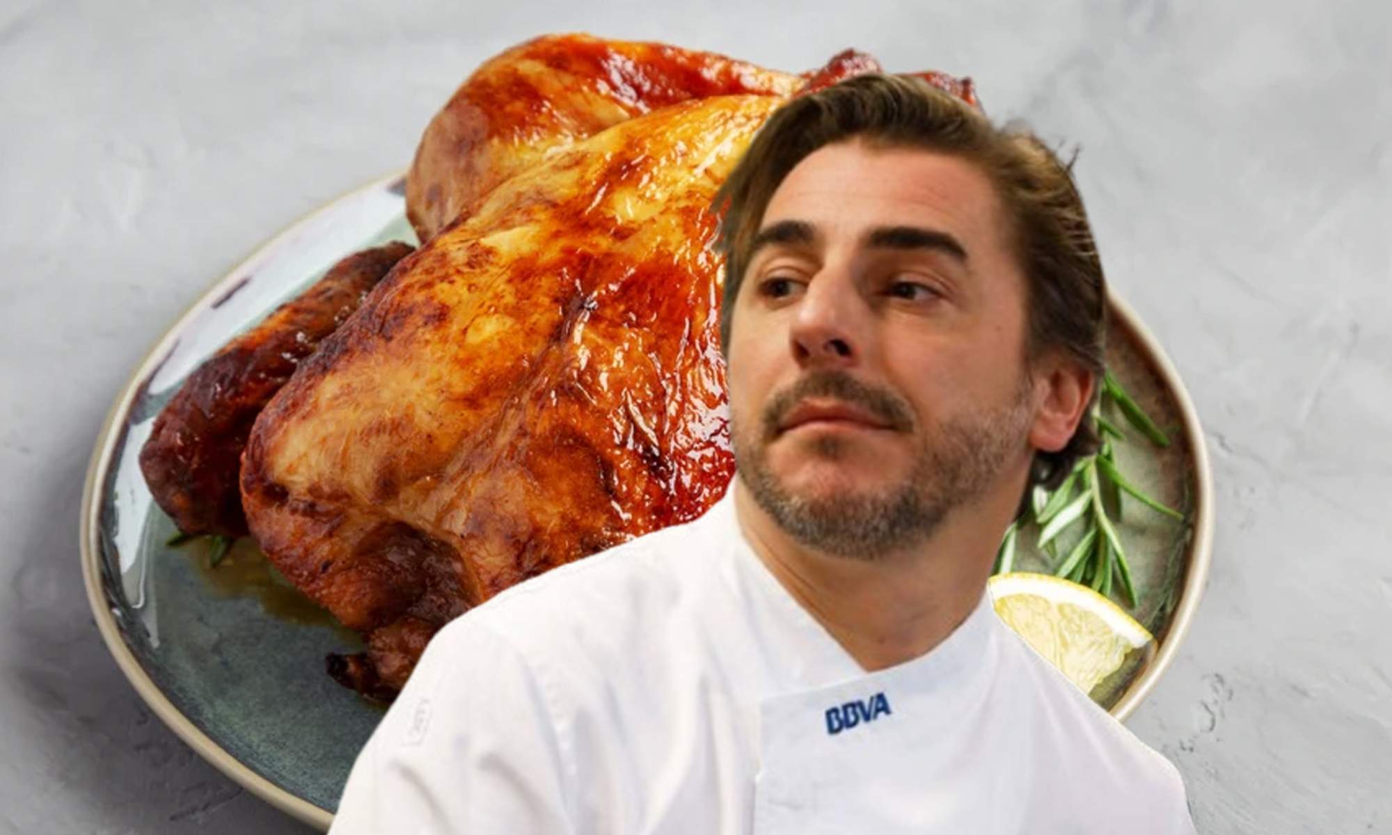 Jordi Roca y un plato de pollo asado.