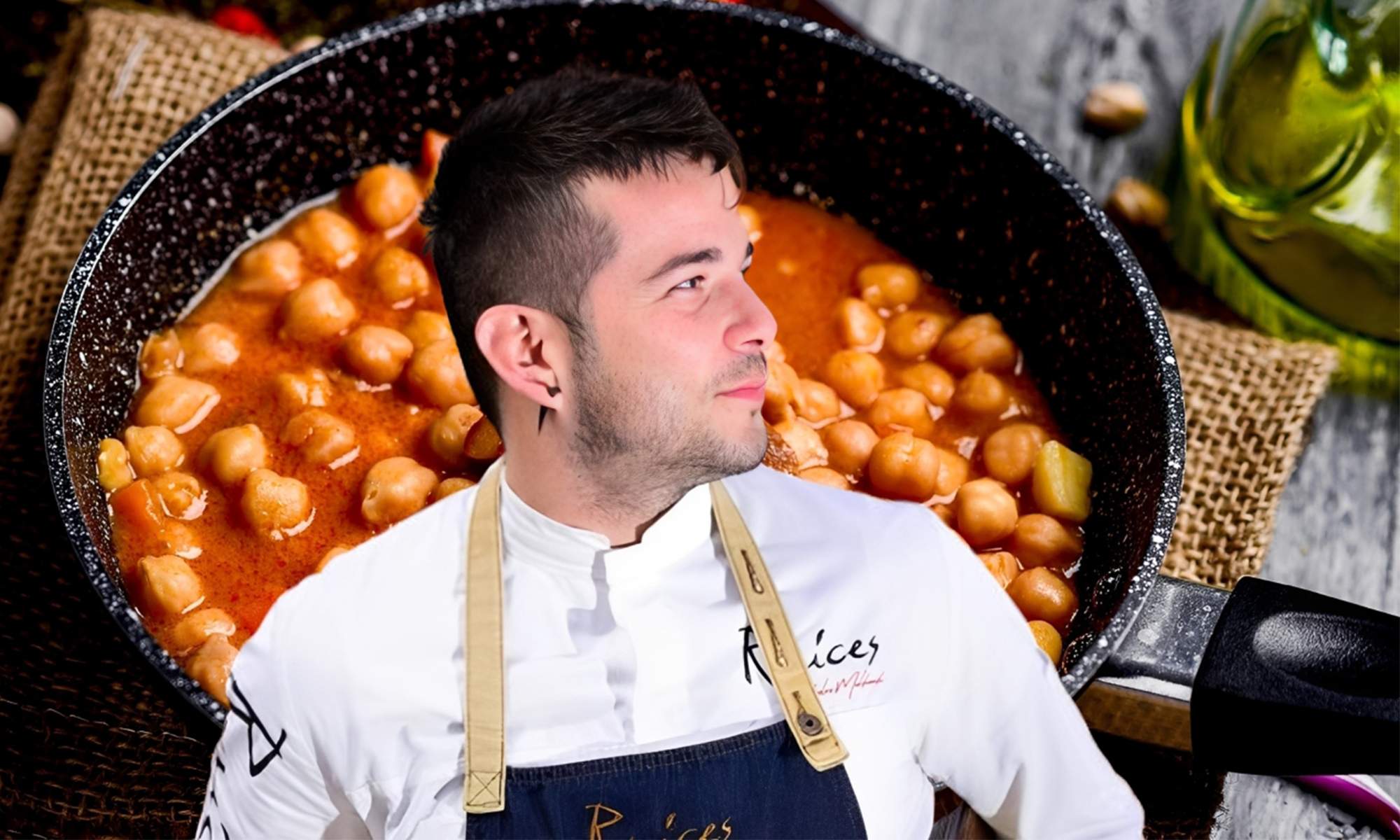 Carlos Maldonado y un plato de garbanzos.