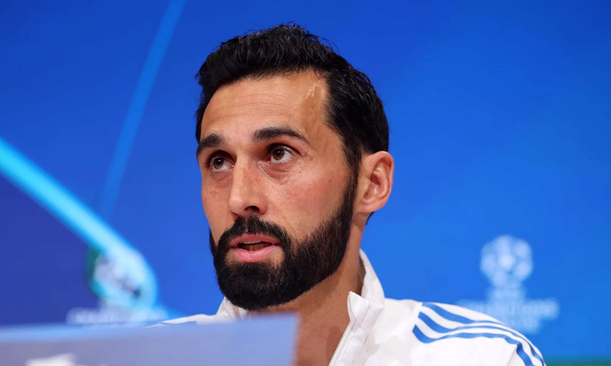 Álvaro Arbeloa en la rueda de prensa del Real Madrid en la Champions League. 
