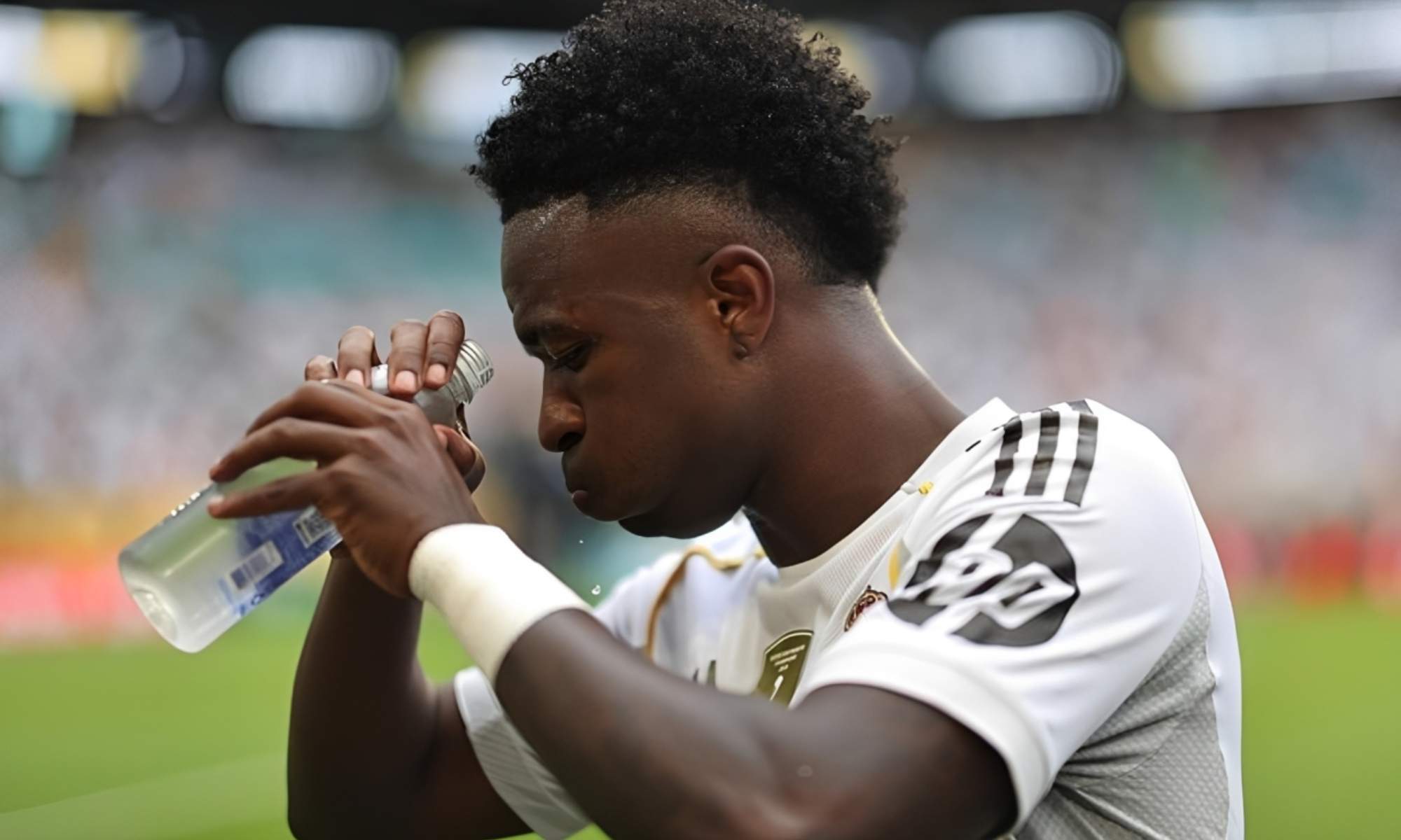 Vinicius Junior, bebiendo agua durante un partido de esta temporada con el Real Madrid.