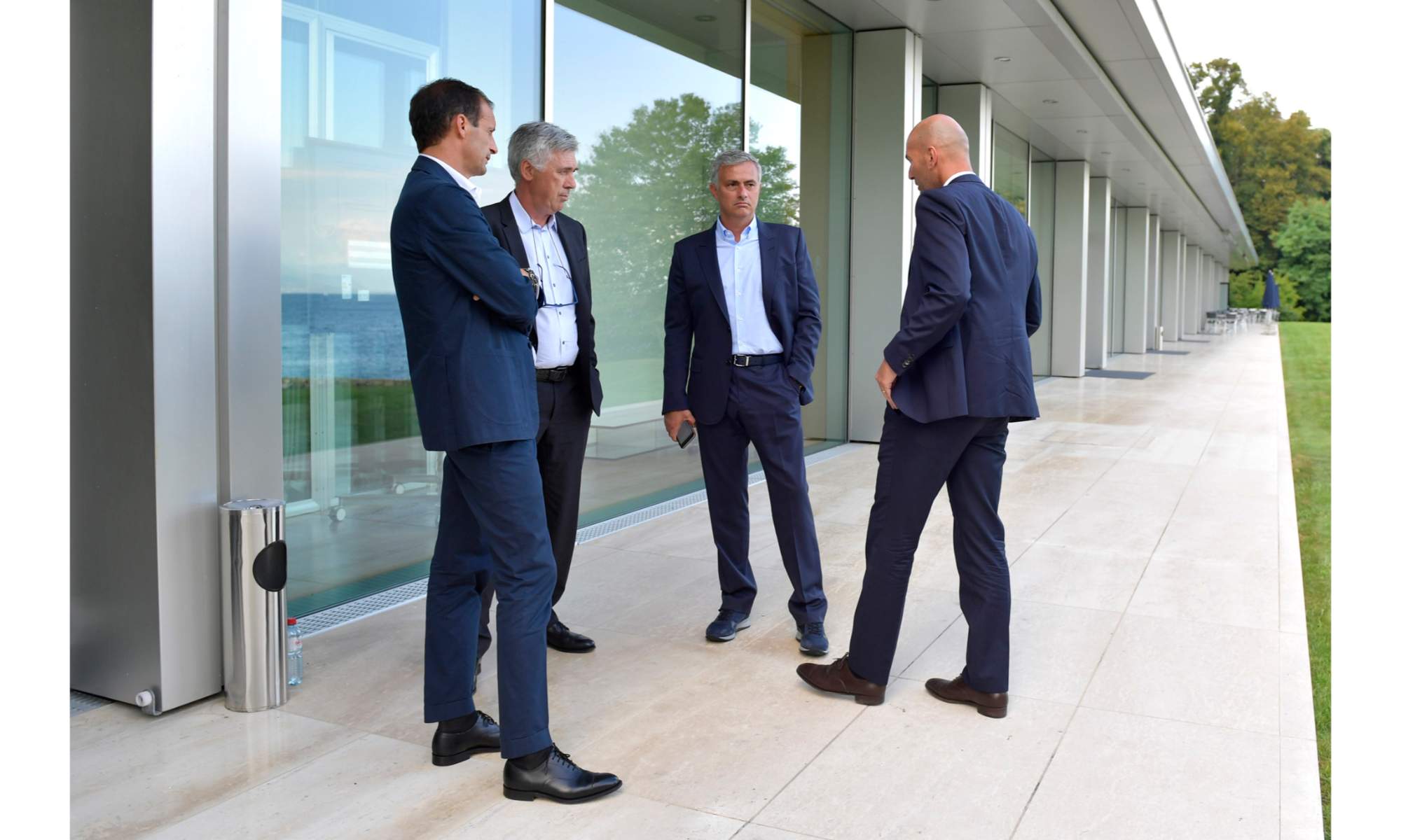 Carlo Ancelotti, José Mourinho y Zinedine Zidane, en un encuentro de entrenadores con la UEFA.