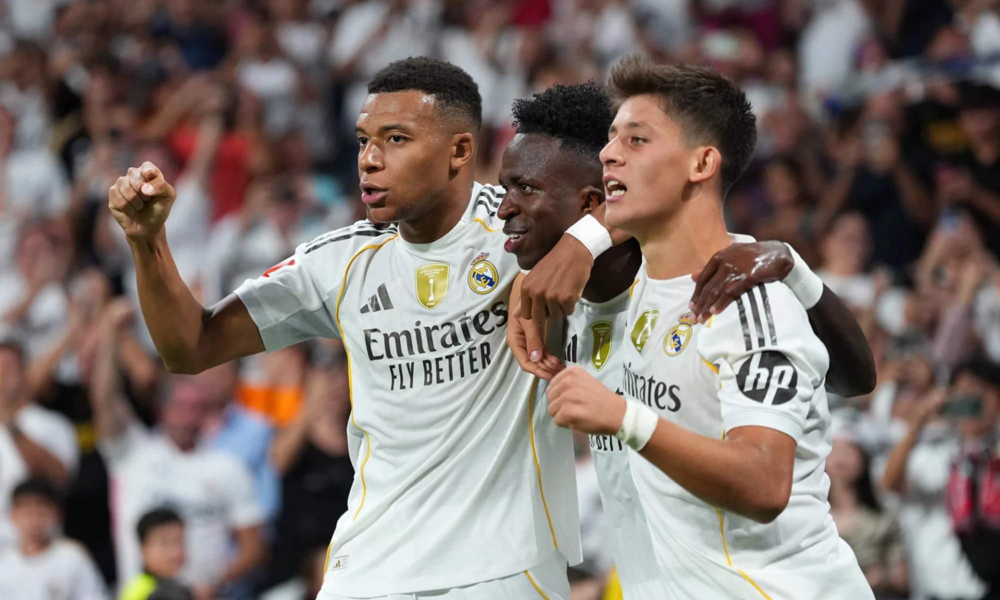 Kylian Mbappé, Vinicius Junior y Arda Güler festejan un tanto con el Real Madrid. Kylian Mbappé, Vinicius Junior y Arda Güler festejan un tanto con el Real Madrid.