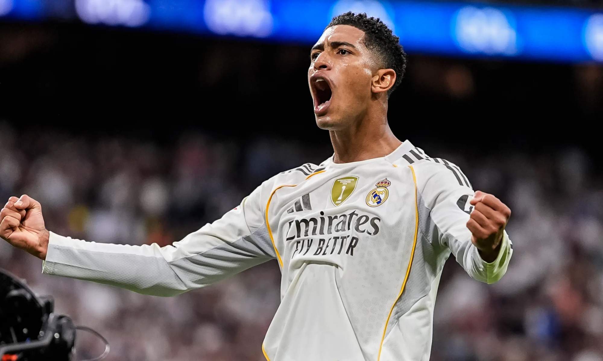 Jude Bellingham, celebrando un gol en un partido de Champions League con el Real Madrid durante esta temporada.