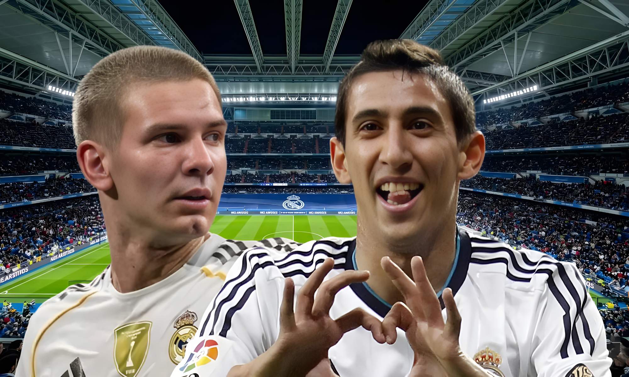 Franco Mastantuono y Ángel di María, los últimos argentinos en vestir la camiseta del Real Madrid.